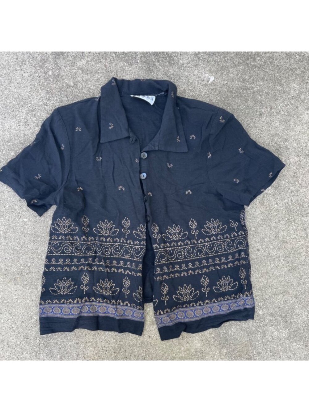 Vintage 90s Black Lotus Print Blouse Top Button Up Shirt Boho Festival Women S